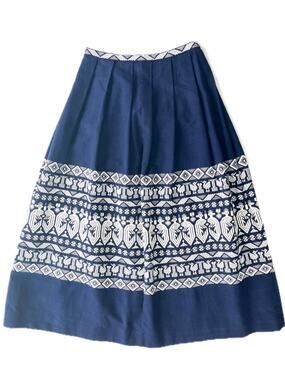 Vintage Navy Blue and White Embroidered Midi Skirt Long Mexican Pleated Birds